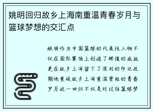 姚明回归故乡上海南重温青春岁月与篮球梦想的交汇点